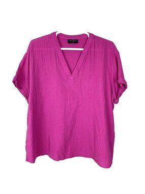 Lane Bryant Blouse Womens 24 Short Sleeve Pink Guazy Beachy Boho V Neck Cotton